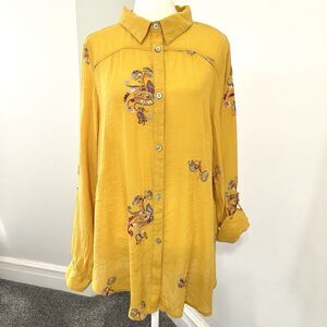 Anthropologie Fig And Flower Top Size XL Embroidered Boho Roll Tab Sleeve Tunic